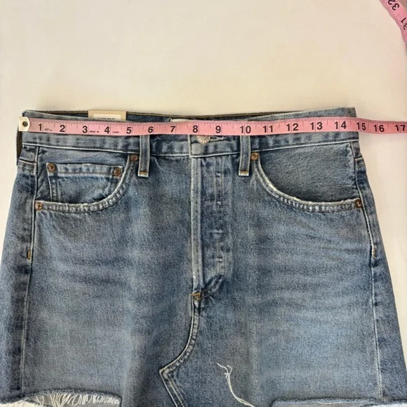 AGOLDE || Parker Angled Hem Denim Mini Skirt Entrance Medium Wash Raw Hem 26 NWT - Picture 9 of 10